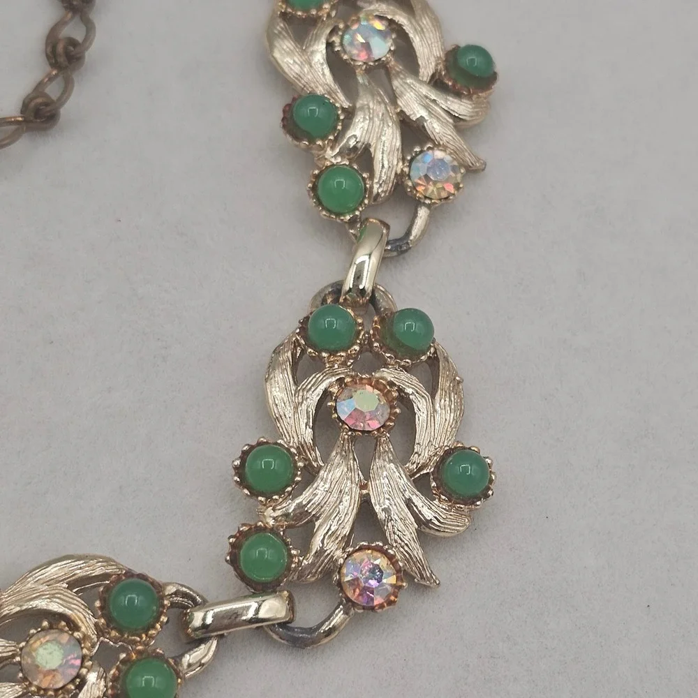 Vintage Necklace Gold Tone Green with Aurora Borealis Rhinestones